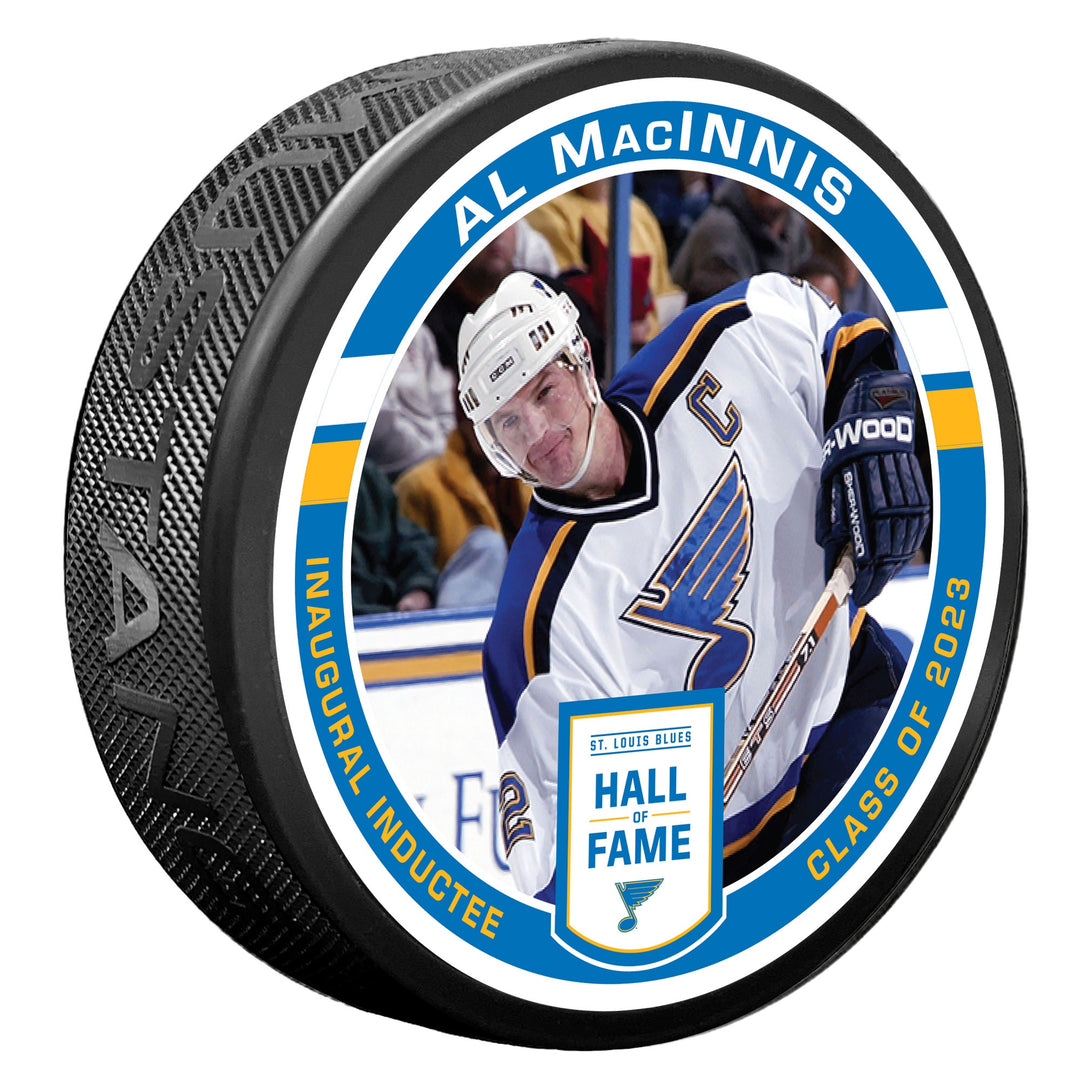ST. LOUIS BLUES MUSTANG AL MACINNIS HALL OF FAME PUCK - BLACK Puck Mustang Products