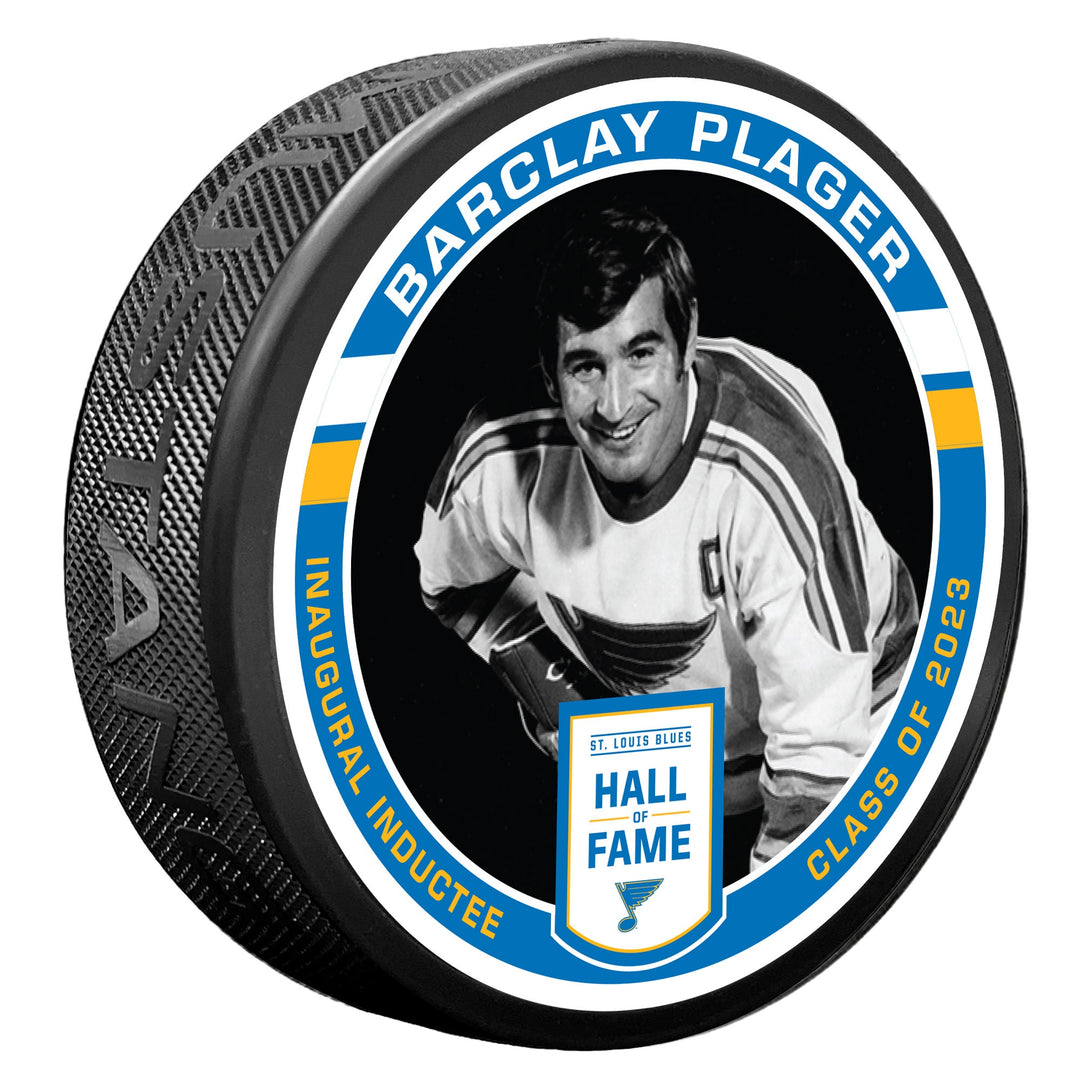 ST. LOUIS BLUES MUSTANG BARCLAY PLAGER HALL OF FAME PUCK - BLACK Puck Mustang Products