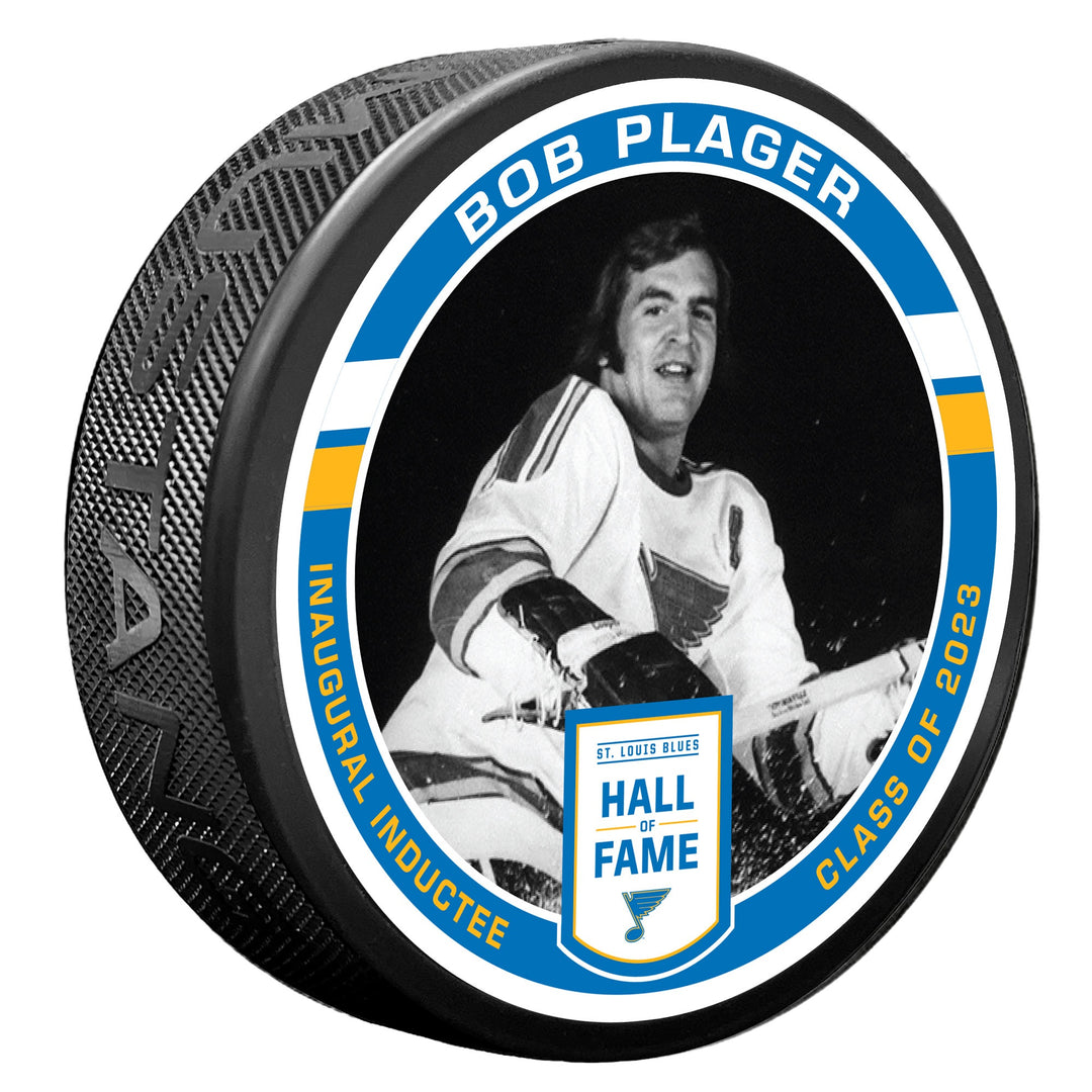 ST. LOUIS BLUES MUSTANG BOB PLAGER HALL OF FAME PUCK - BLACK Puck Mustang Products