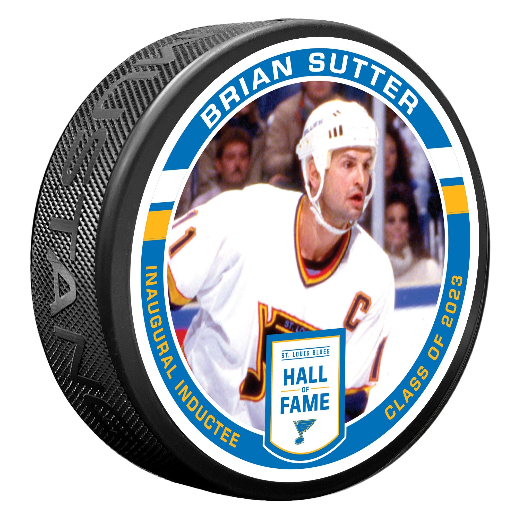 ST. LOUIS BLUES MUSTANG BRIAN SUTTER HALL OF FAME PUCK - BLACK – STL ...
