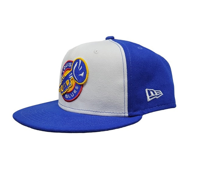 ST. LOUIS BLUES TRUMPET NEW ERA 5950 COLORBLOCK WHITE AND ROYAL FITTED HAT