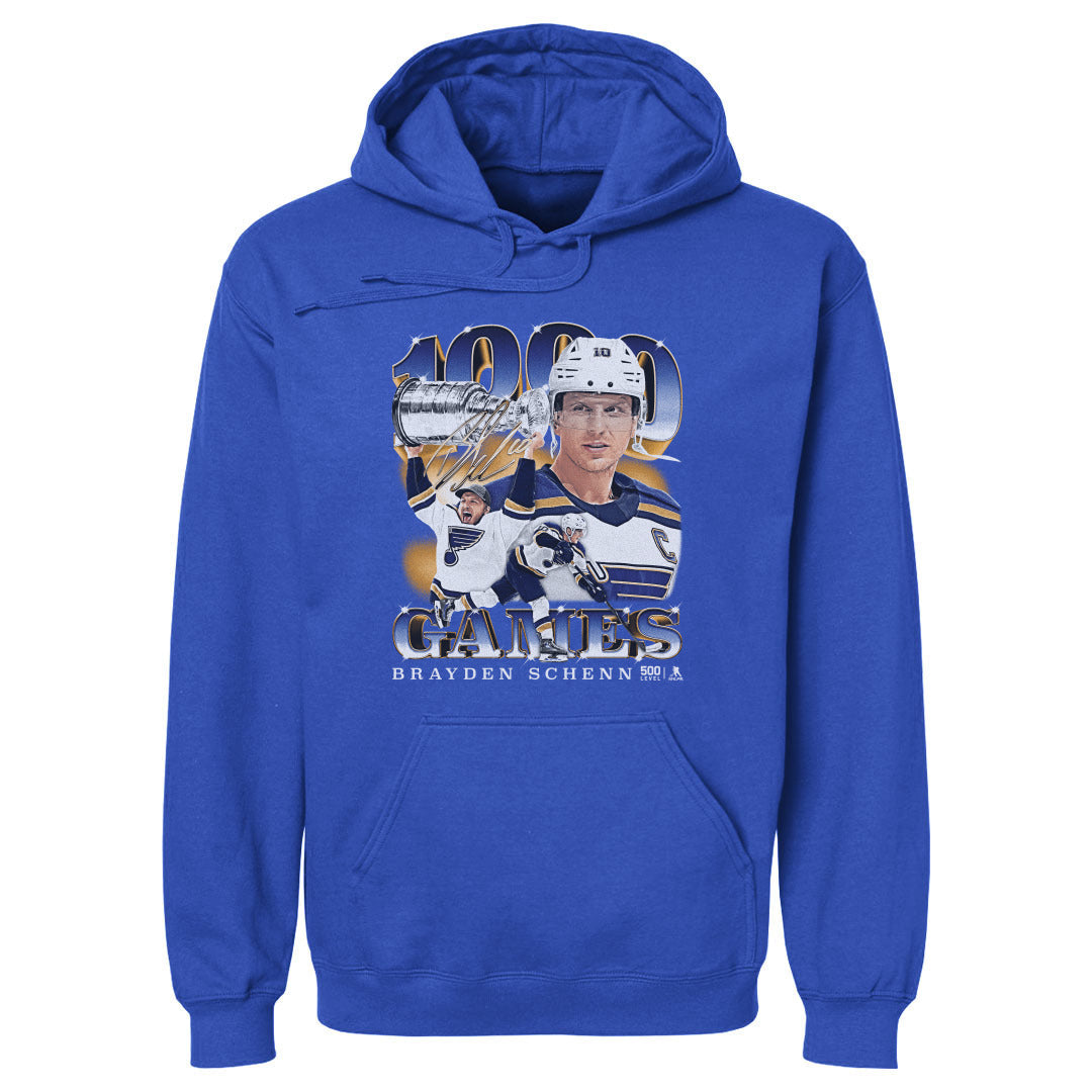 Brayden Schenn St. Louis Blues 1000th Game Hoodie - 3 Colors Men's Hoodie 500 LEVEL Men's Hoodie Royal Blue S