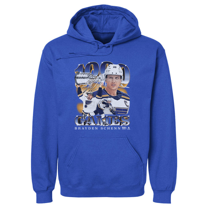 Brayden Schenn St. Louis Blues 1000th Game Hoodie - 3 Colors Men's Hoodie 500 LEVEL Men's Hoodie Royal Blue S