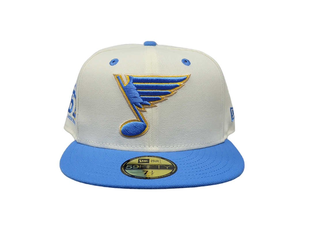 ST. LOUIS BLUES NEW ERA 5950 WHITE CHROME FITTED HAT - AIRFORCE BLUE