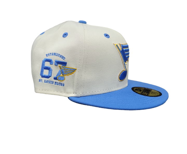 ST. LOUIS BLUES NEW ERA 5950 WHITE CHROME FITTED HAT - AIRFORCE BLUE