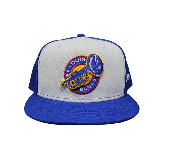 ST. LOUIS BLUES TRUMPET NEW ERA 5950 COLORBLOCK WHITE AND ROYAL FITTED HAT