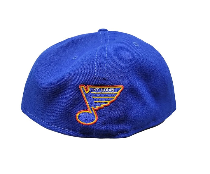 ST. LOUIS BLUES TRUMPET NEW ERA 5950 COLORBLOCK WHITE AND ROYAL FITTED HAT