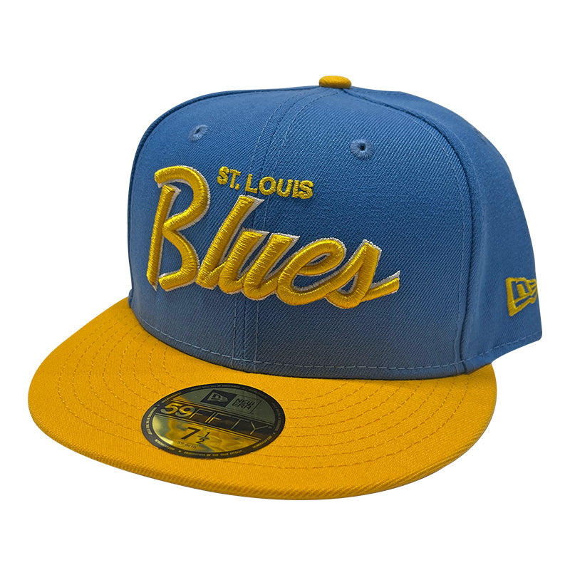 ST. LOUIS BLUES NEW ERA 5950 HERITAGE SCRIPT AIR FORCE BLUE AND GOLD FITTED HAT