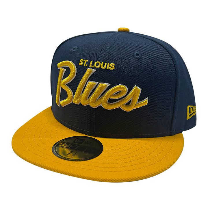ST. LOUIS BLUES NEW ERA 5950 HERITAGE SCRIPT NAVY AND GOLD FITTED HAT Hat New Era   