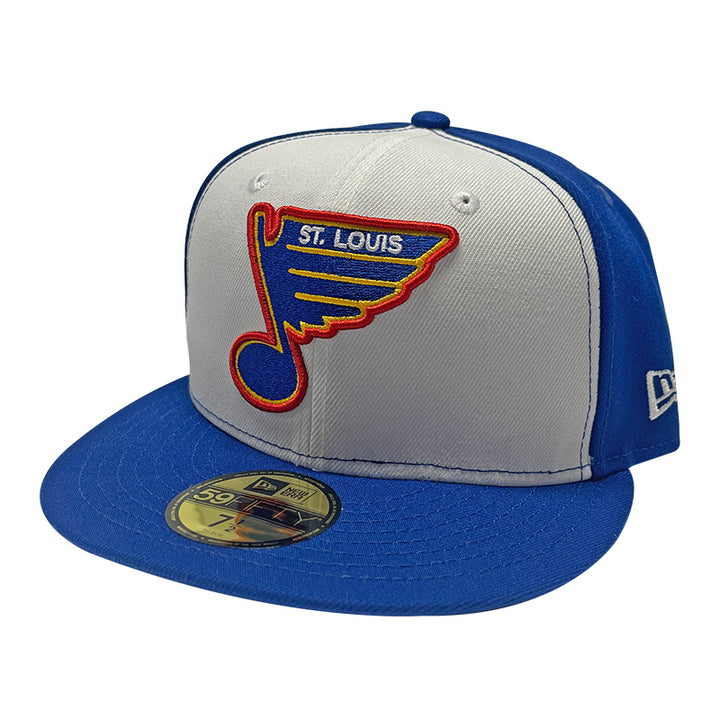 ST. LOUIS BLUES 90'S NOTE NEW ERA 5950 COLORBLOCK WHITE AND ROYAL FITTED HAT