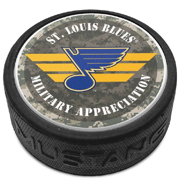 ST. LOUIS BLUES MUSTANG MILITARY CAMO WINGS PUCK
