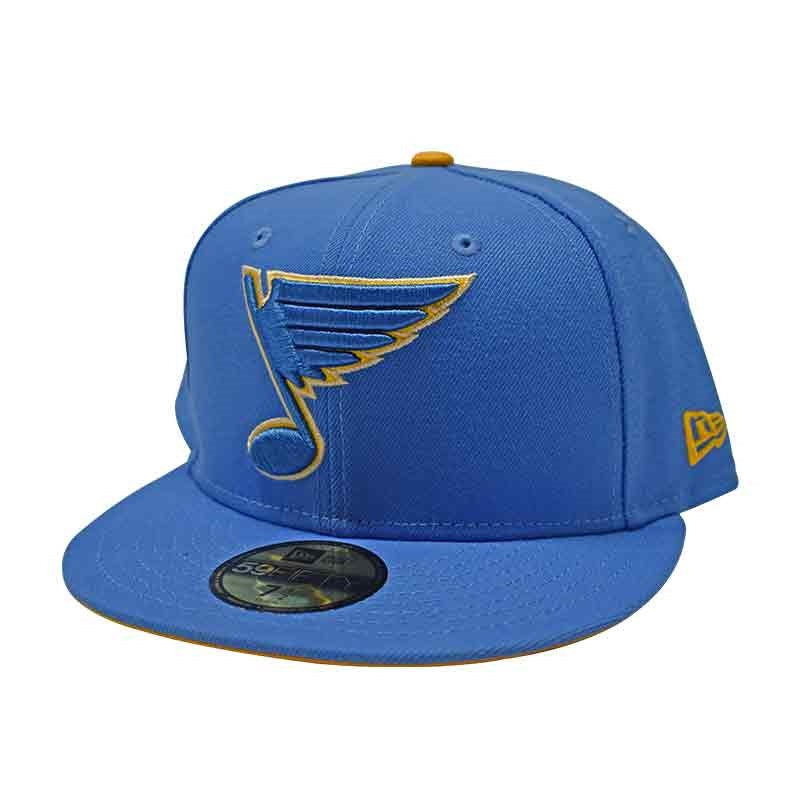 ST. LOUIS BLUES NEW ERA 5950 HERITAGE SCRIPT AIR FORCE BLUE AND GOLD FITTED  HAT