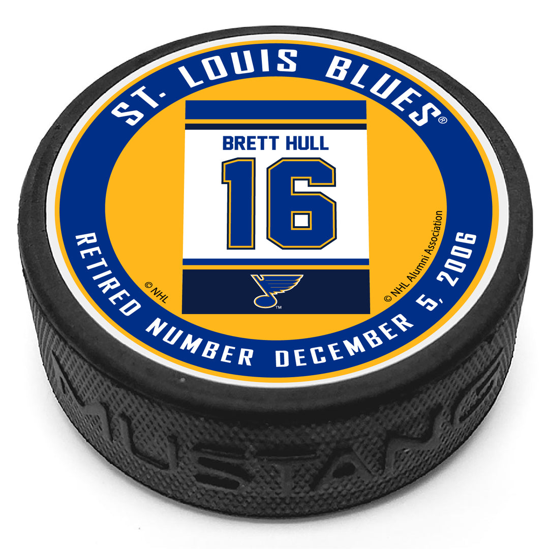 ST. LOUIS BLUES MUSTANG PRODUCTS RAFTER BRETT HULL 16 PUCK Puck Mustang Products   