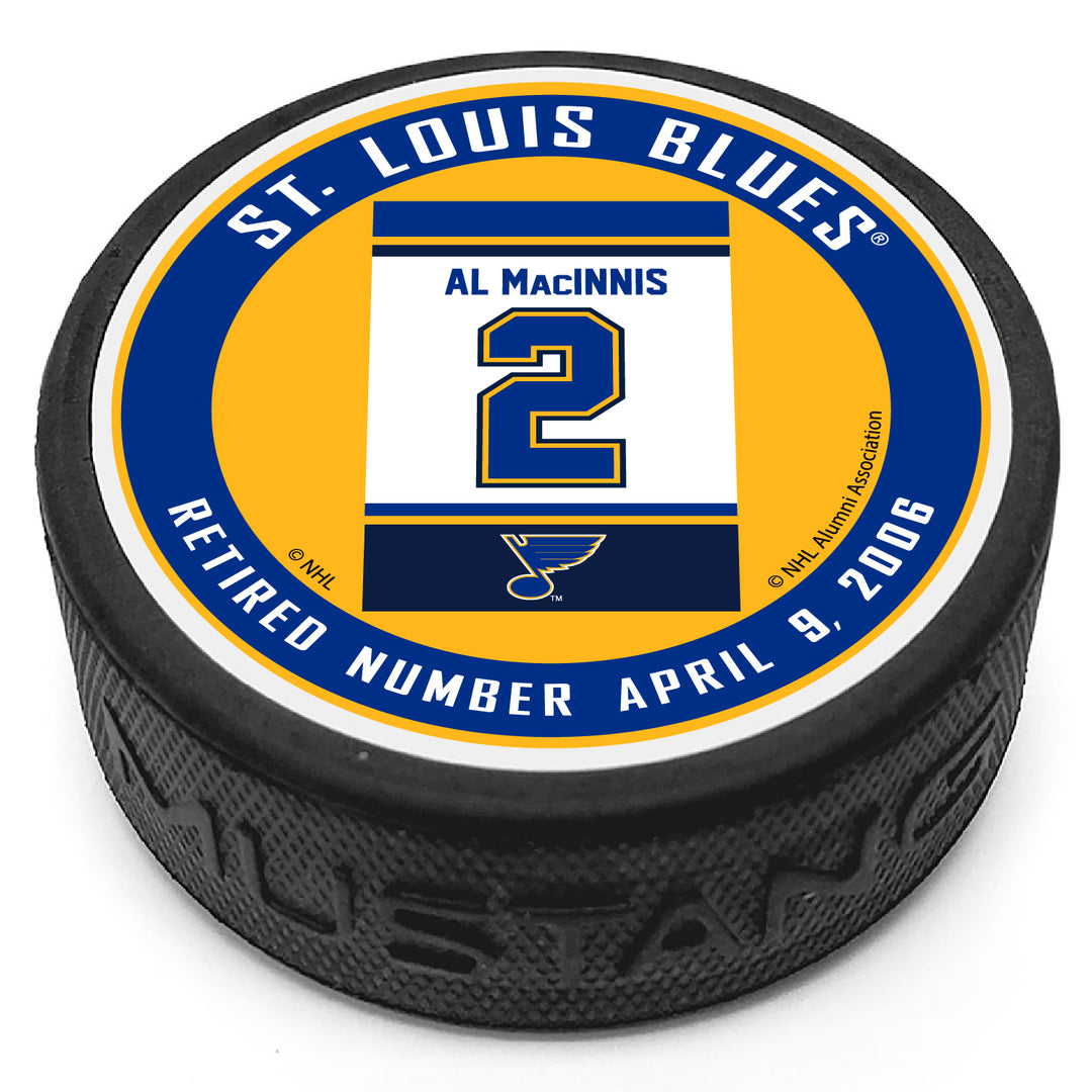 ST. LOUIS BLUES MUSTANG PRODUCTS RAFTER AL MacINNIS 2 PUCK