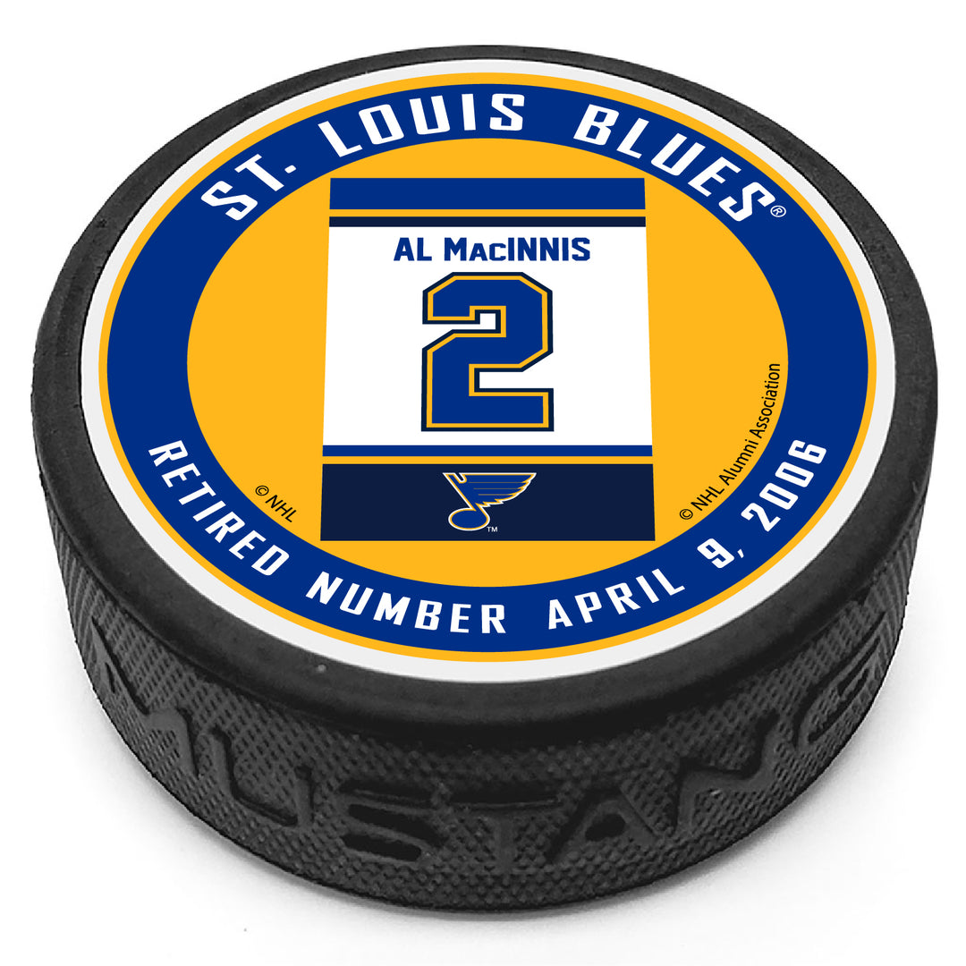 ST. LOUIS BLUES MUSTANG PRODUCTS RAFTER AL MacINNIS 2 PUCK Puck Mustang Products   
