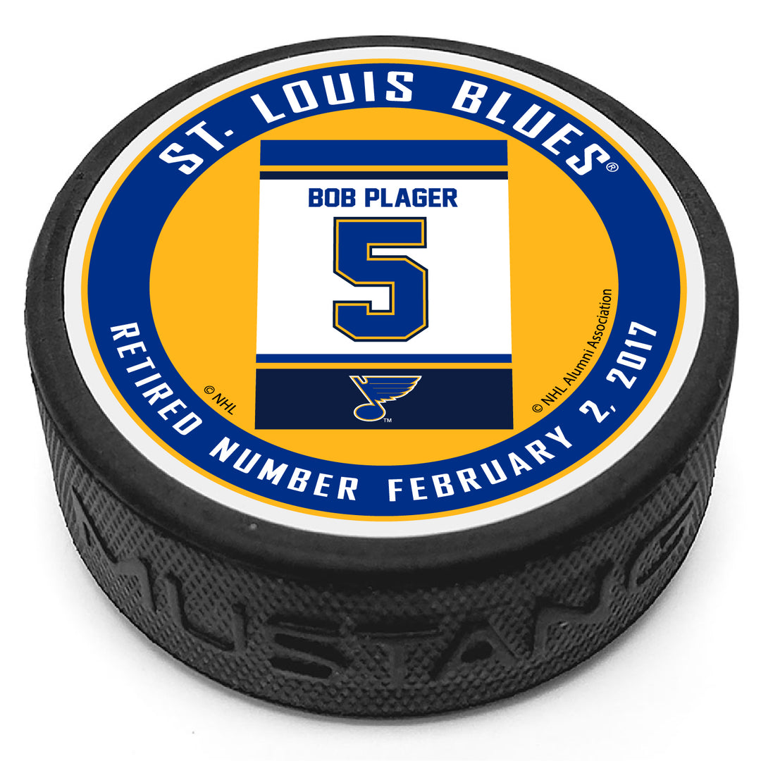 ST. LOUIS BLUES MUSTANG PRODUCTS RAFTER BOB PLAGER 5 PUCK