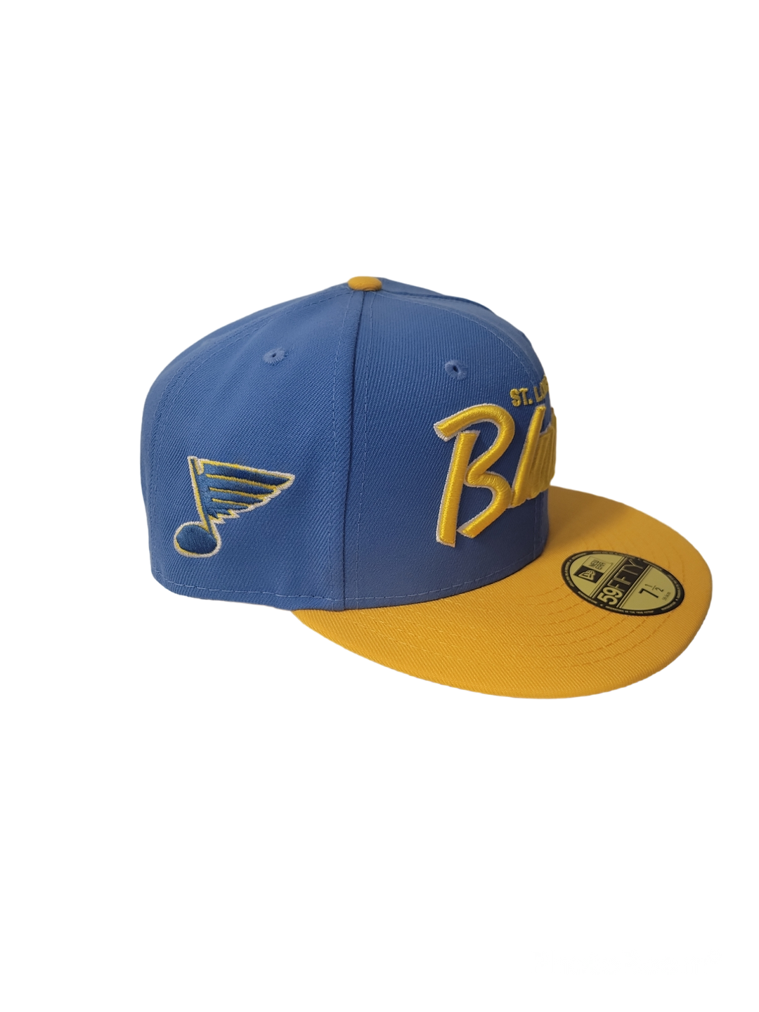 ST. LOUIS BLUES NEW ERA 5950 HERITAGE SCRIPT AIR FORCE BLUE AND GOLD FITTED HAT