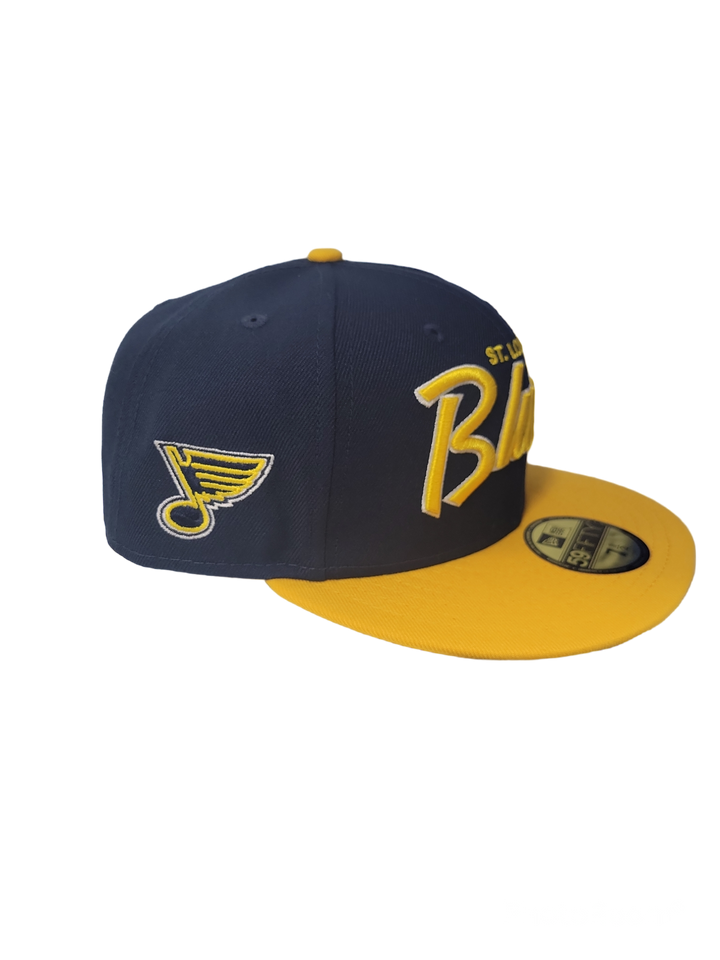 ST. LOUIS BLUES NEW ERA 5950 HERITAGE SCRIPT NAVY AND GOLD FITTED HAT Hat New Era   