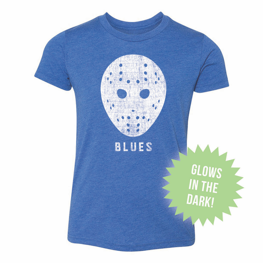 St. Louis Blues 108 Stitches Youth Glow-in-the-Dark Goalie Mask Tee - Royal - STL Authentics