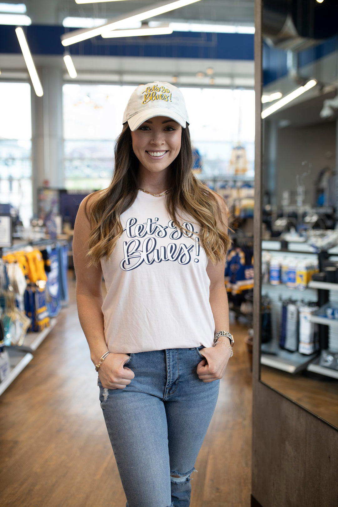 ST. LOUIS BLUES EMILY STAHL YOGA TANK - WHITE SCRIPT  Lusso   