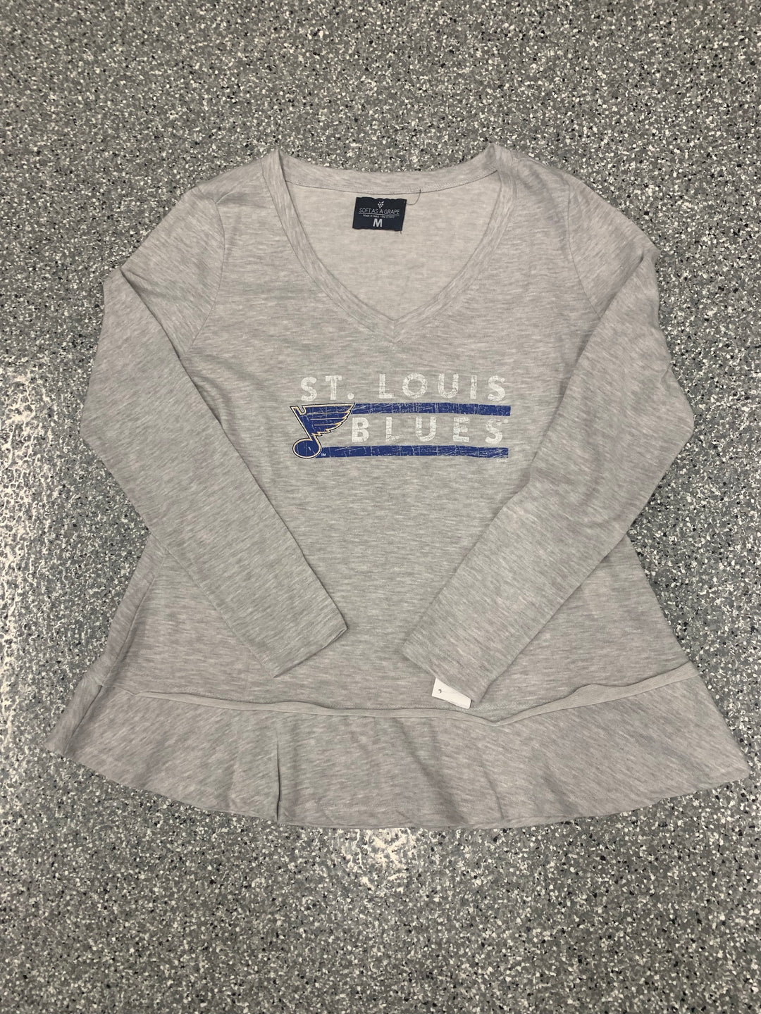 ST. LOUIS BLUES SOFT AS A GRAPE WOMEN'S RUFFLED BOTTOM TEE - GREY
