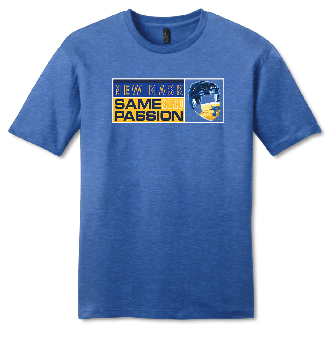 ST. LOUIS BLUES NEW MASK. SAME PASSION TEE - ROYAL T-shirt Walk On Apparel   