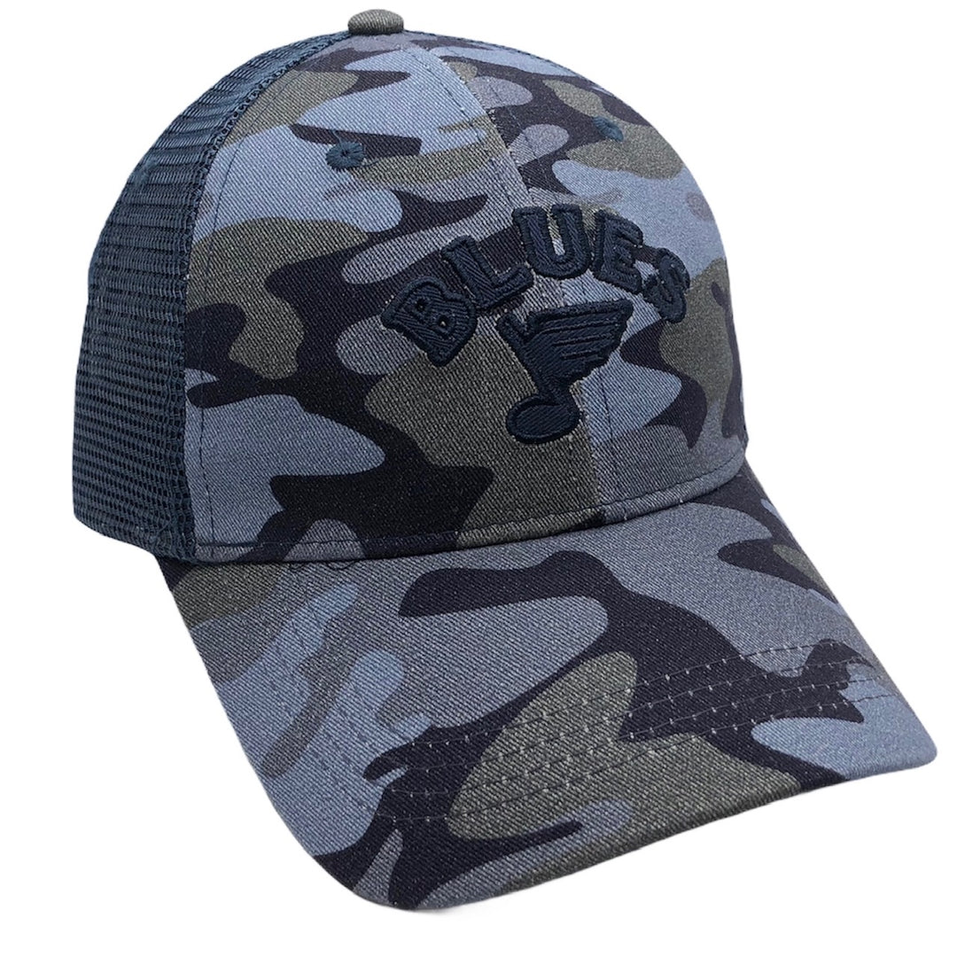 ST. LOUIS BLUES LUSSO STYLE ARCH MESH SNAPBACK - NAVY CAMO – STL Authentics