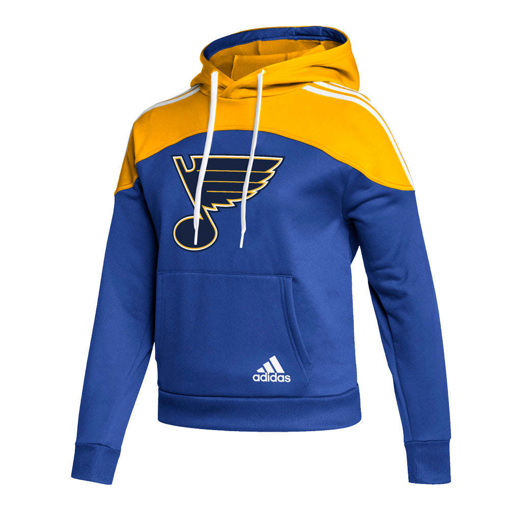 ST. LOUIS BLUES WOMENS ADIDAS 3 STRIPED NOTE HOODIE - ROYAL GOLD